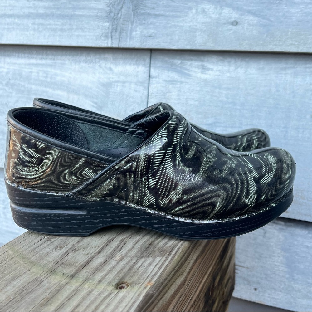 Dansko Black Mules with Artistic Swirl Design